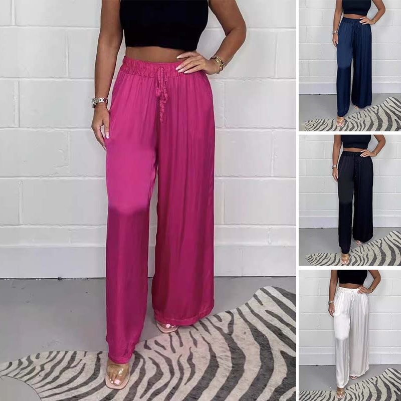 Flowy elastic waist pleated satin wide-leg pants for women, ideal for casual summer style