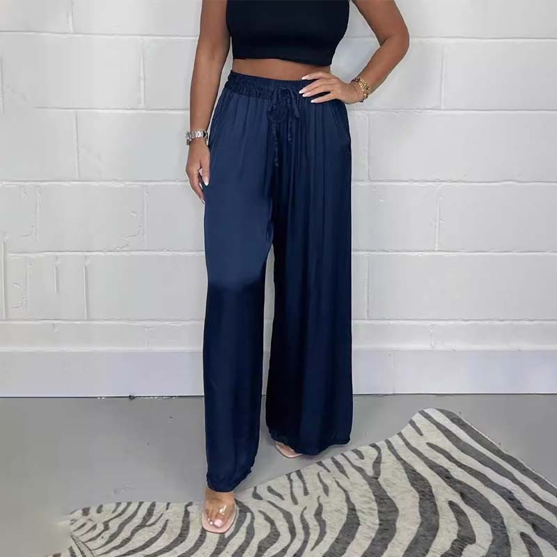 Women's casual wide-leg satin trousers with an elastic waist, suitable for everyday wear