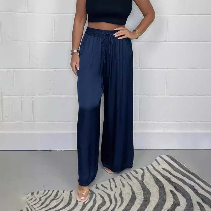 Women's casual wide-leg satin trousers with an elastic waist, suitable for everyday wear