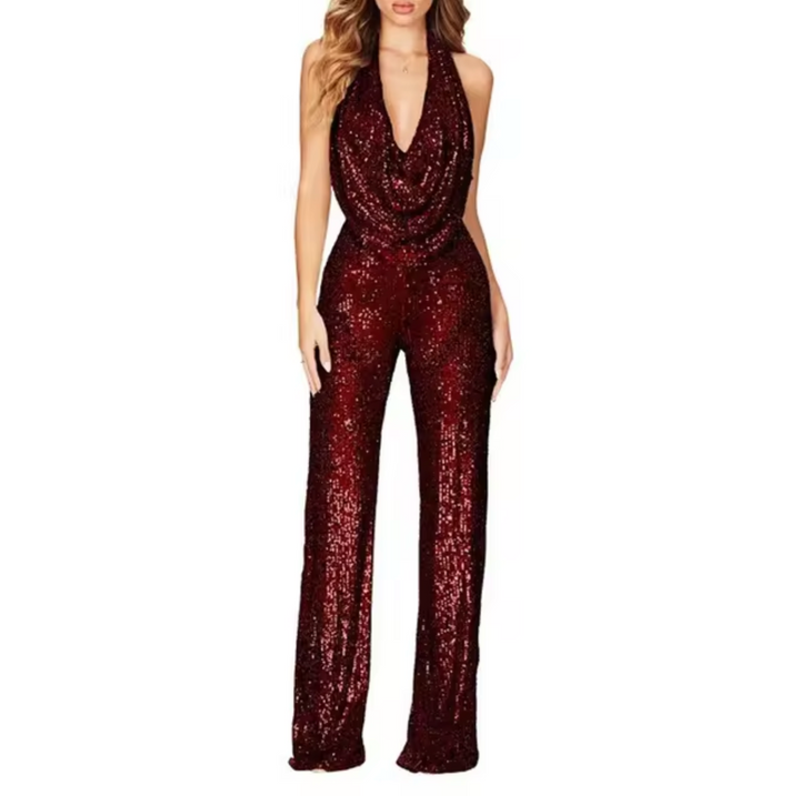 Elegant women's sequin halter neck jumpsuit, perfect for a shimmering evening party outfit.