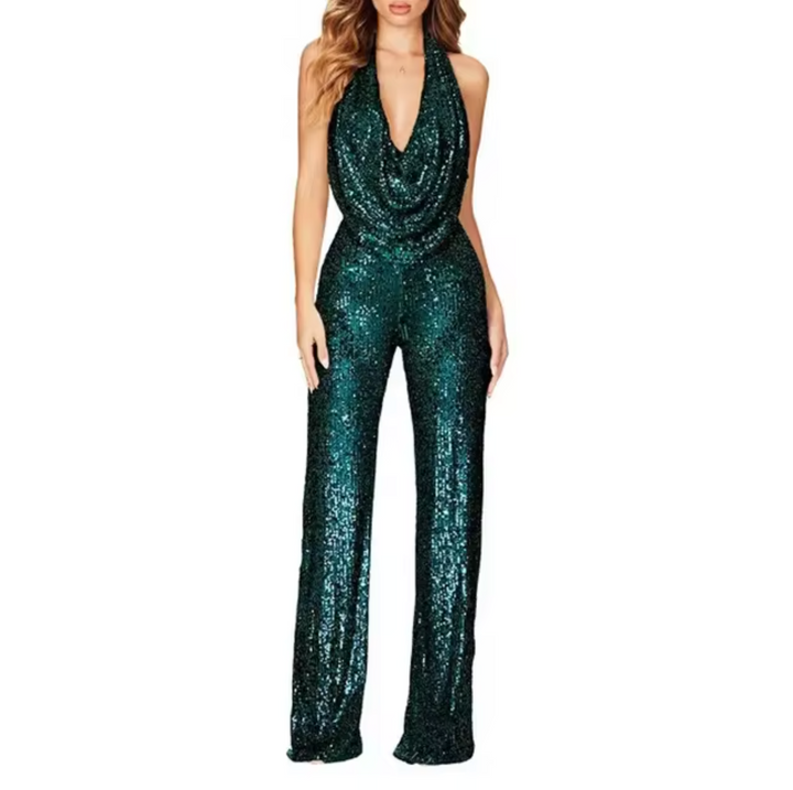 Front view of a women's sequin halter neck jumpsuit, emphasizing its flattering cut and design.