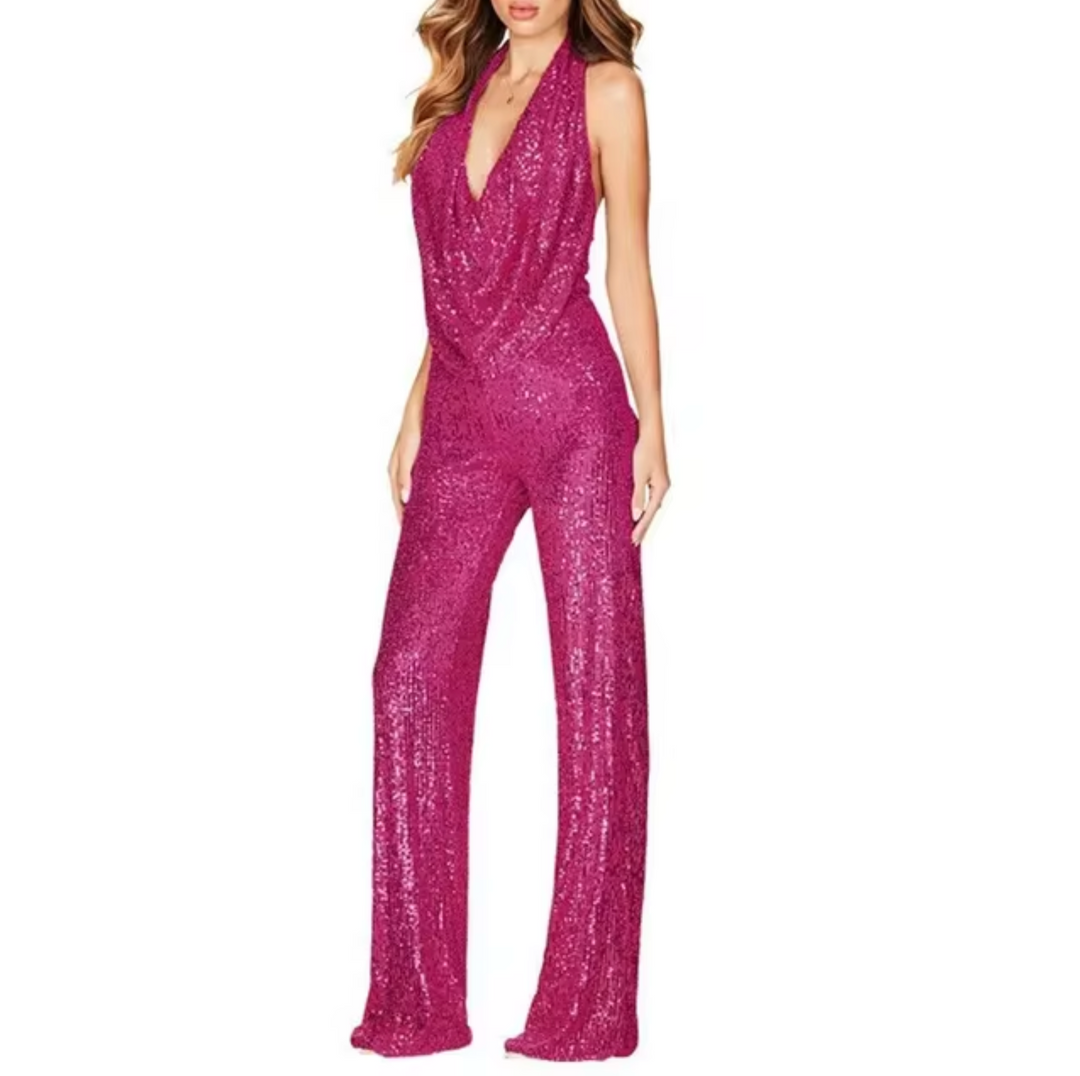 Glamorous women's sequin halter neck jumpsuit, perfect for making a statement at evening events.