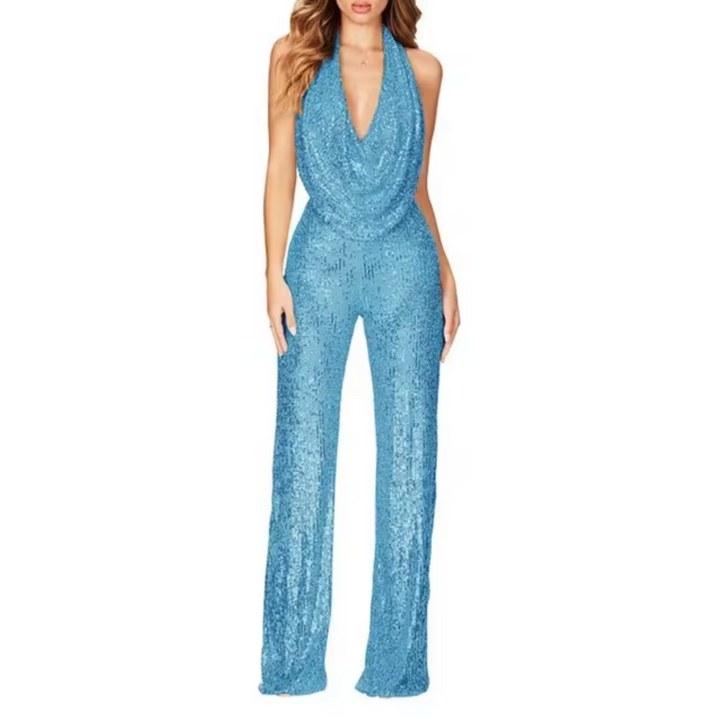 Sparkling women's one-piece sequin jumpsuit with a stylish halter neck, ideal for formal occasions.