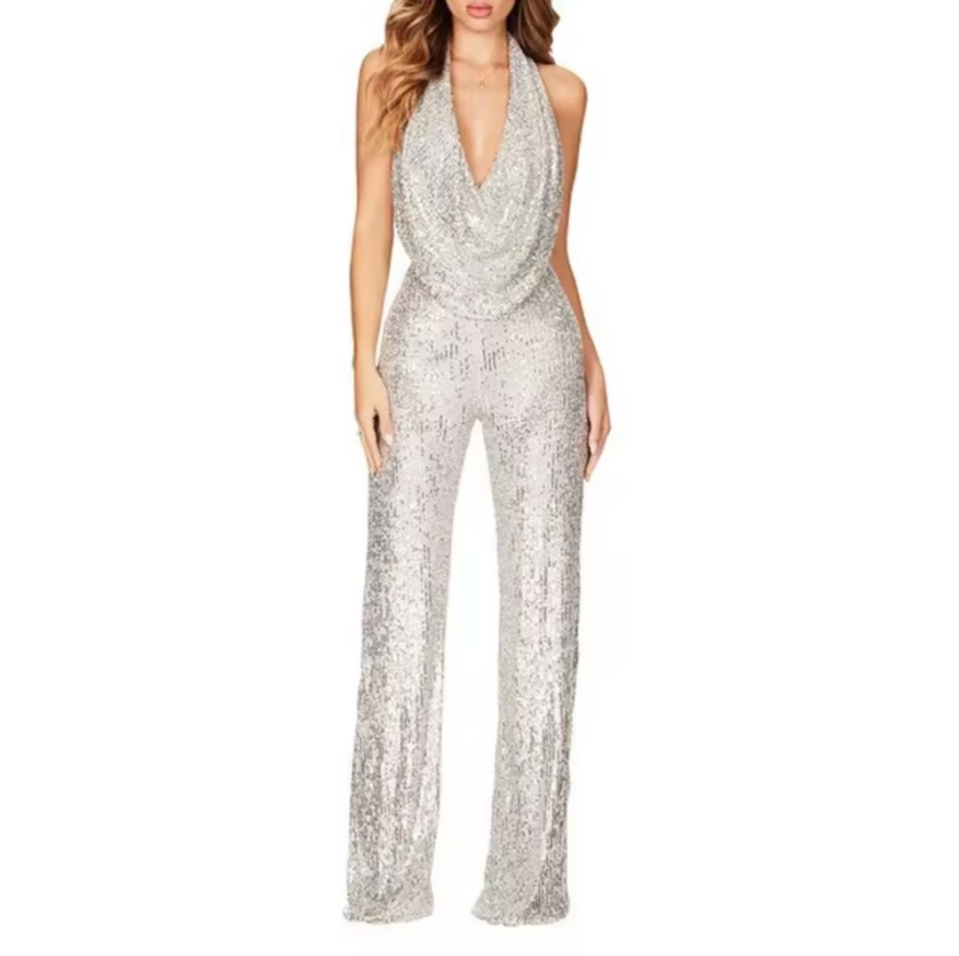 Close-up of the sequin detail on a women's halter neck jumpsuit, showcasing its luxurious sparkle.