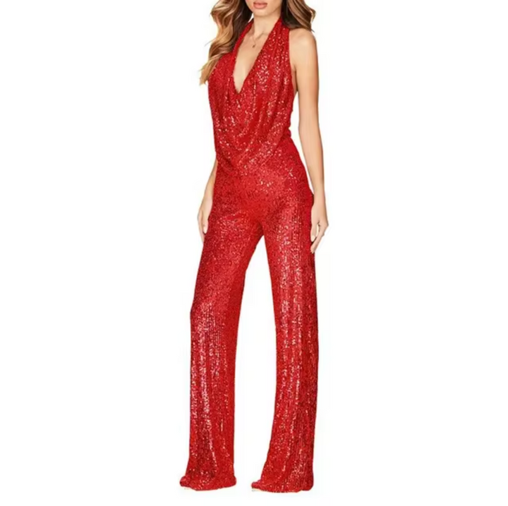 Detail shot of the halter neck design on a women's sequin jumpsuit, a key feature of this elegant piece.