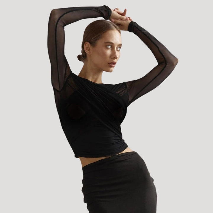 Lightweight sheer wrap long-sleeve blouse for women, ideal for spring, showcasing an elegant design.