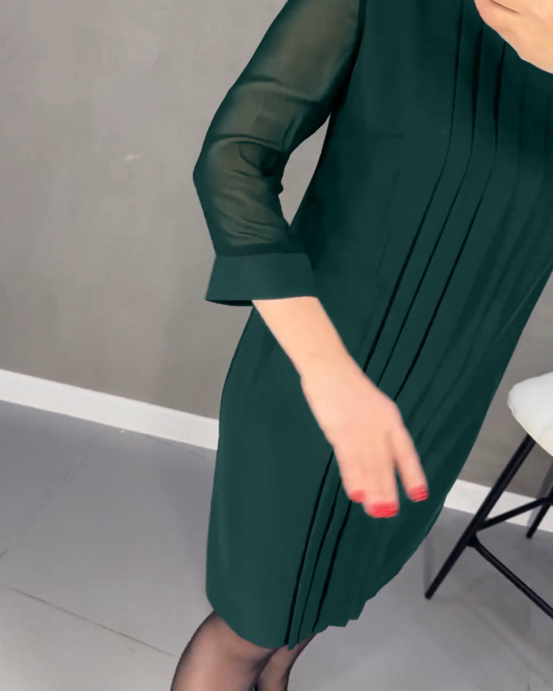 Casual chic women's shift dress with elegant mesh, long sleeves, versatile for day or evening.