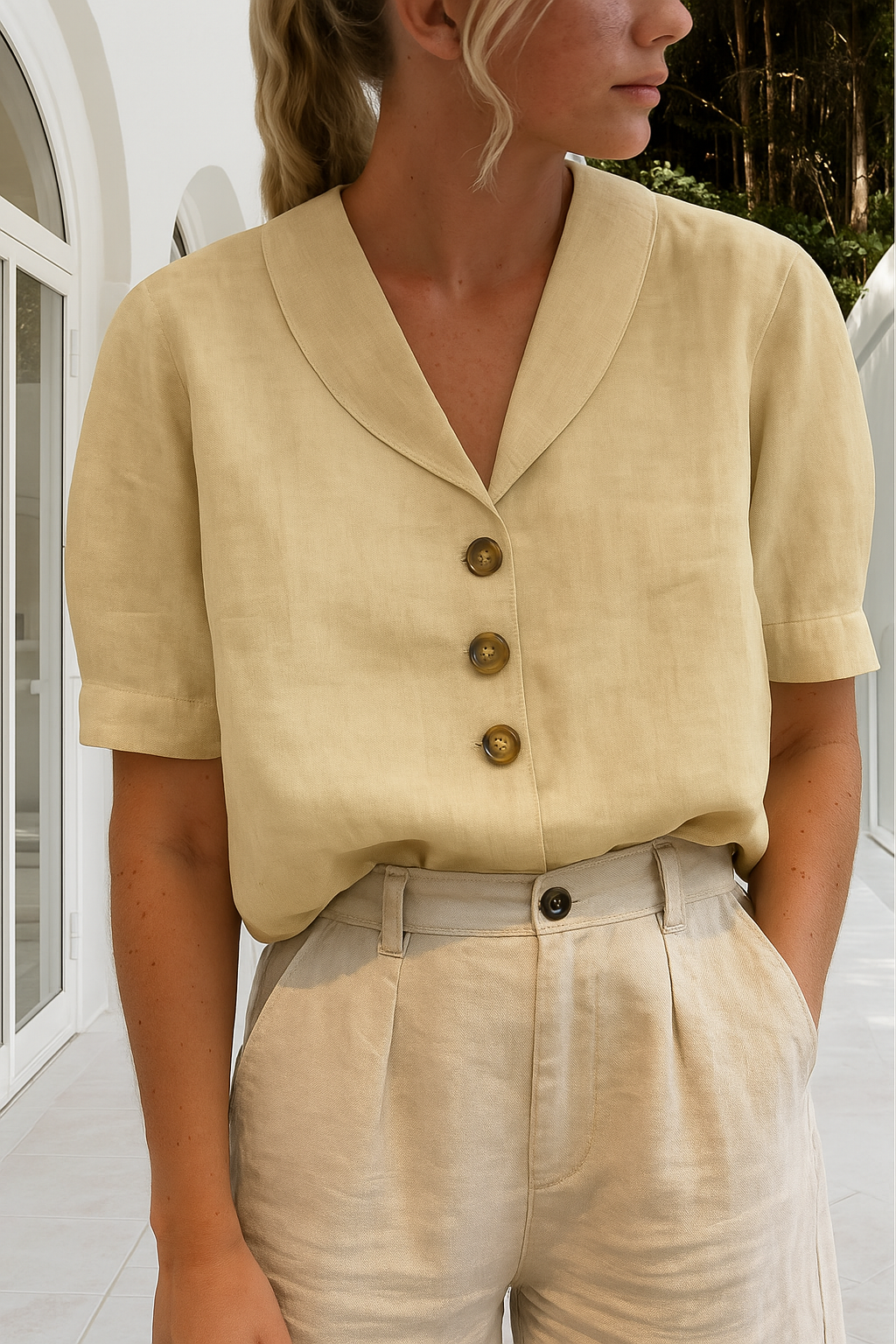 Versatile women's short sleeve V-neck blouse with button-up front, ideal for workwear, office or a stylish summer outfit.