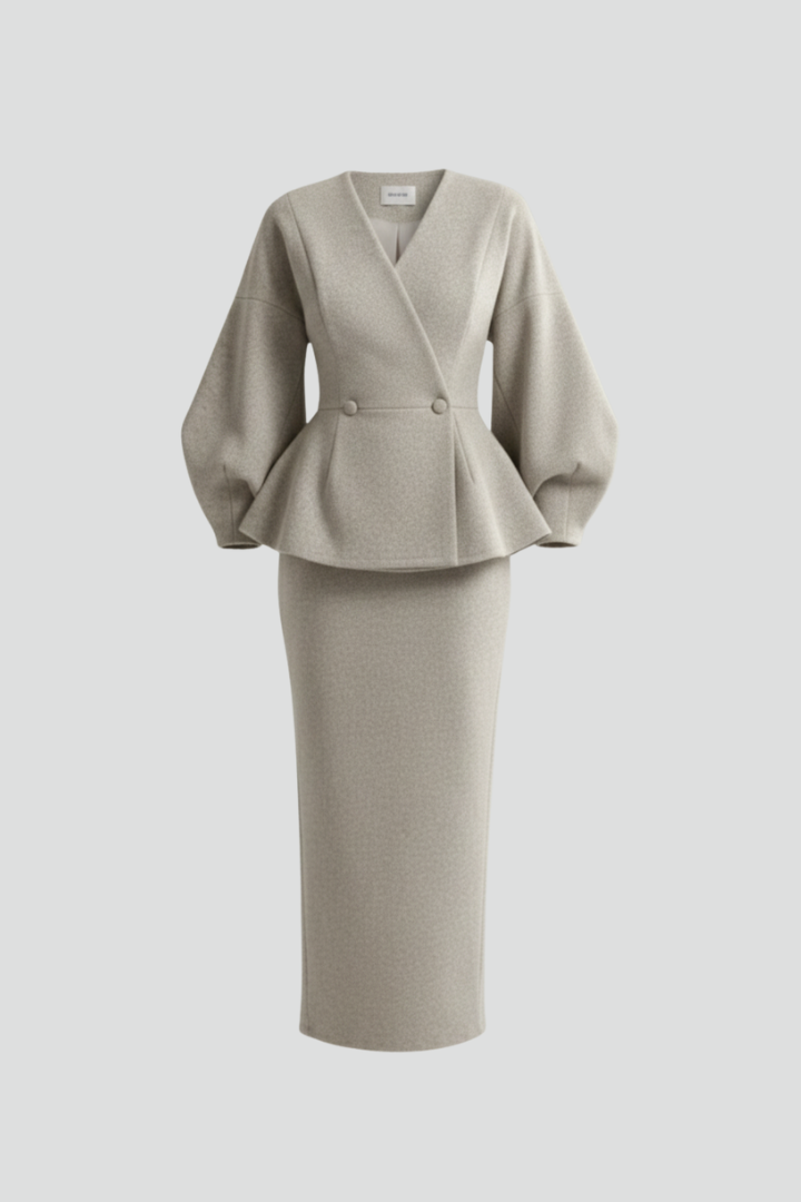 Elegant women's skirt suit with tailored blazer, V-neck, and puff sleeves, perfect for professional business attire.