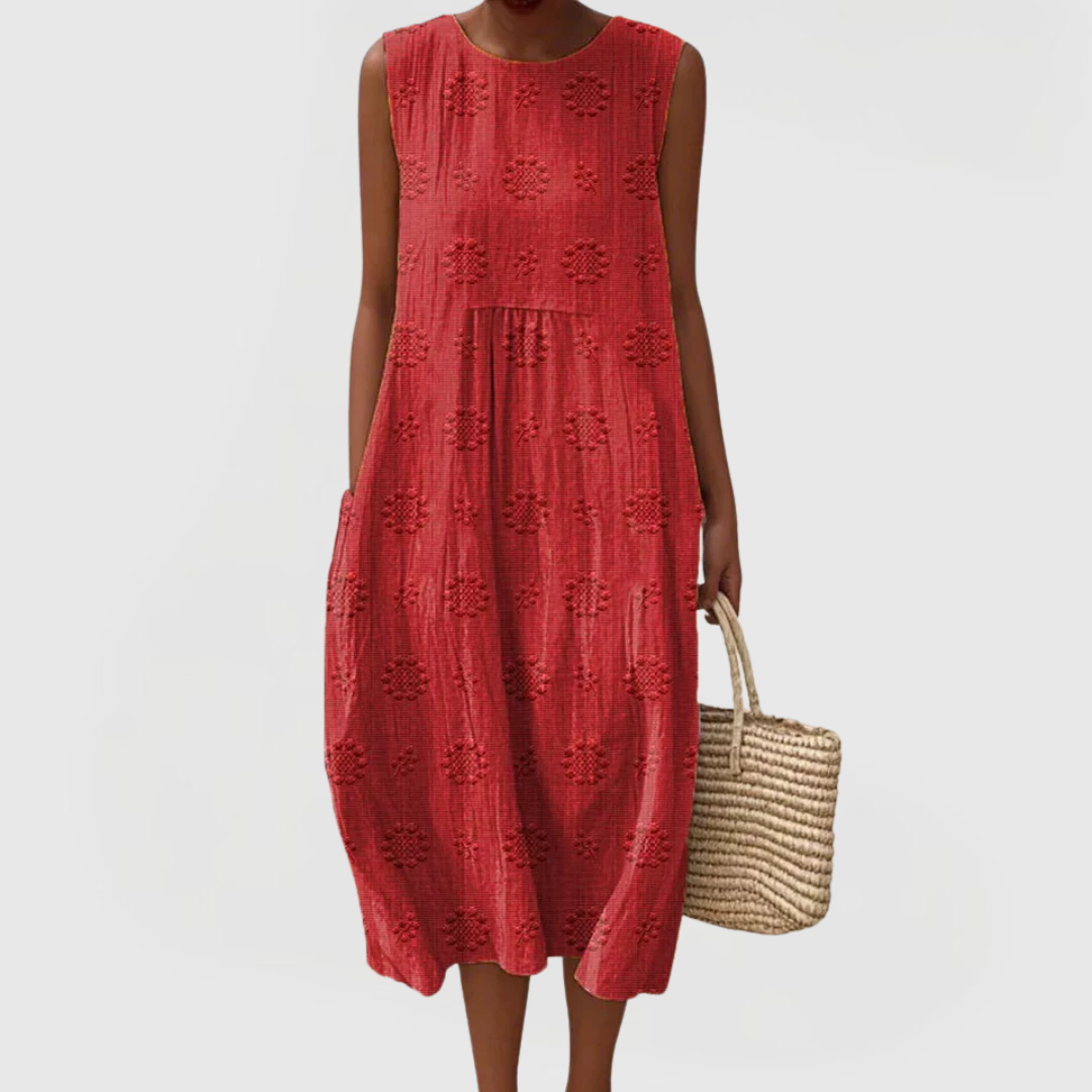 Chic sleeveless summer dress for women with elegant embroidery, pockets, & tummy control for vacation.