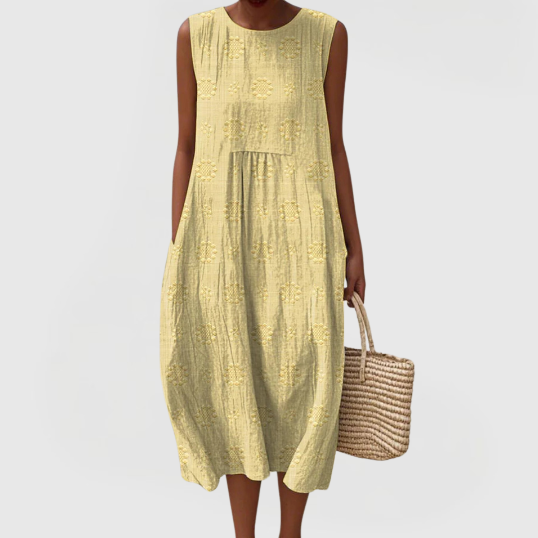 Stylish A-line sleeveless women's dress featuring elegant design, pockets, and tummy control for comfort.