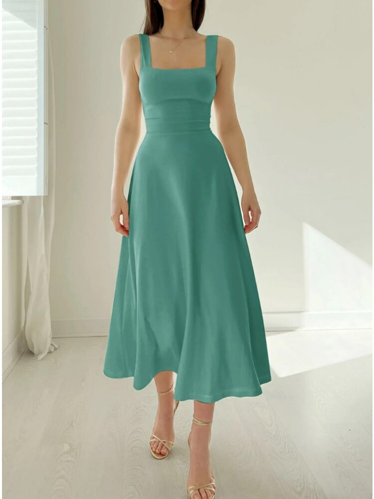Flattering A-line midi dress for women, sleeveless. Effortless style, comfortable for summer casual or evening.