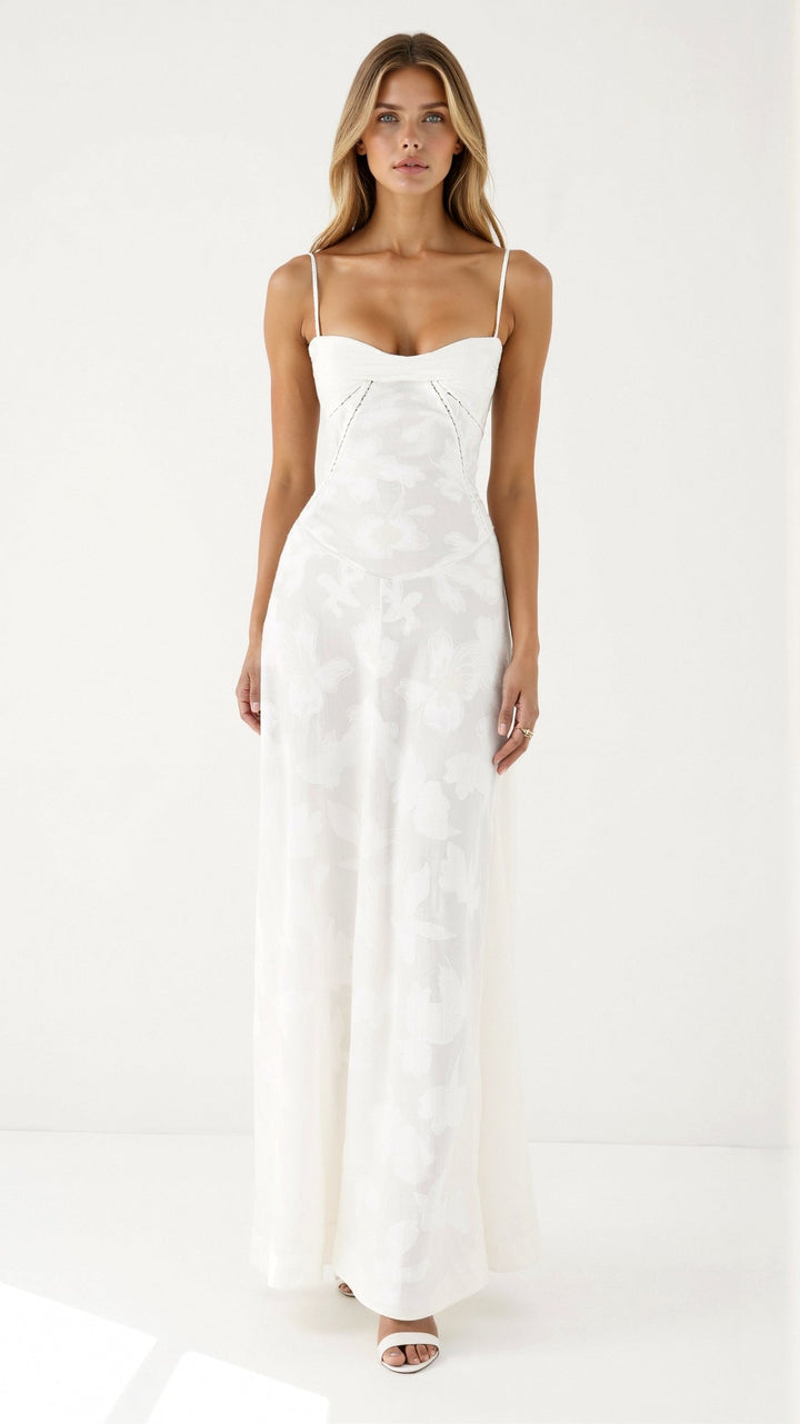 Beautiful women's bustier maxi dress, an elegant formal option for wedding guests