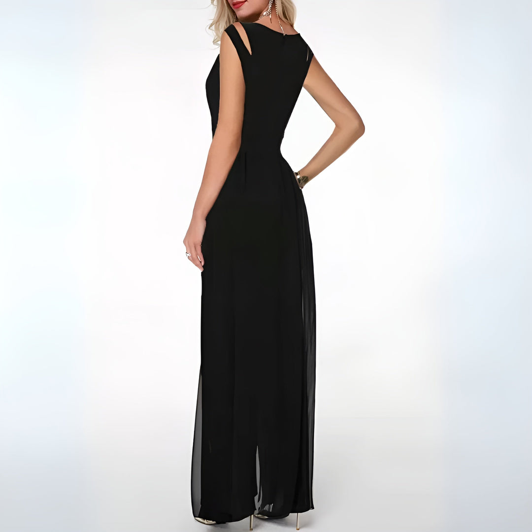 Sophisticated sheer overlay wide-leg jumpsuit for women, ideal for special occasion, red carpet, or party wear.