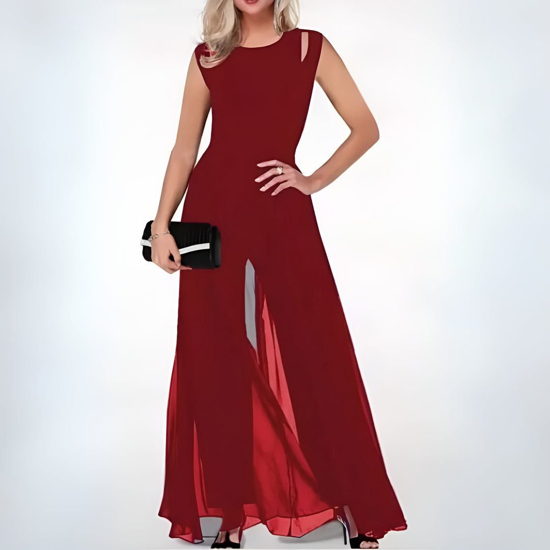 Chic women's formal jumpsuit featuring a flowy sheer overlay, sleeveless design, and stylish wide-leg silhouette.