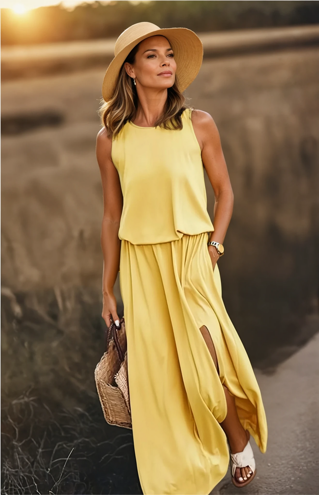 Chic women's round neck sleeveless maxi dress, ideal for elegant summer fashion, beach trips, or casual outings.