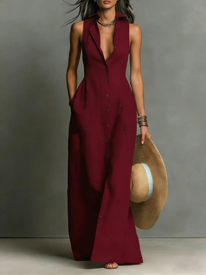 Versatile women's long button-front shirt dress with lapel. Chic maxi dress for elegant summer style.