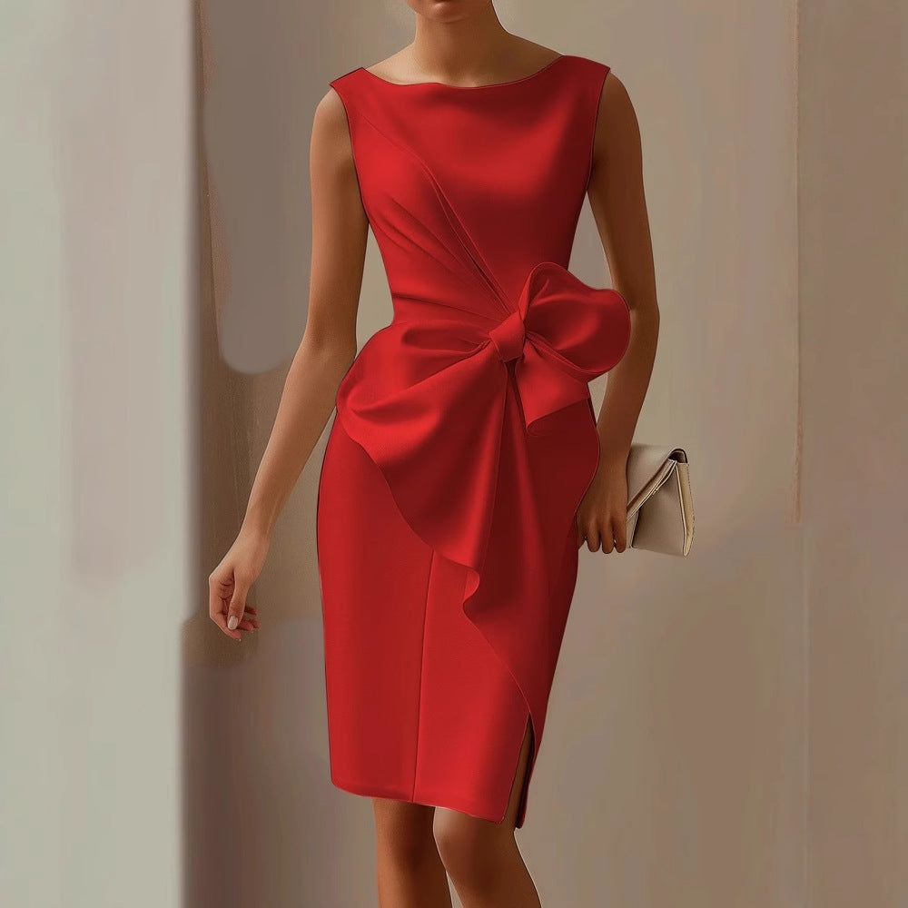 Fashionable women's cocktail dress, sleeveless with a prominent bow, suitable for evening events.