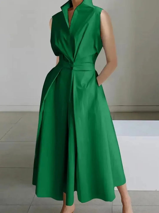 Chic women's A-line sleeveless midi dress with elegant lapel, a comfortable and versatile summer fashion piece.