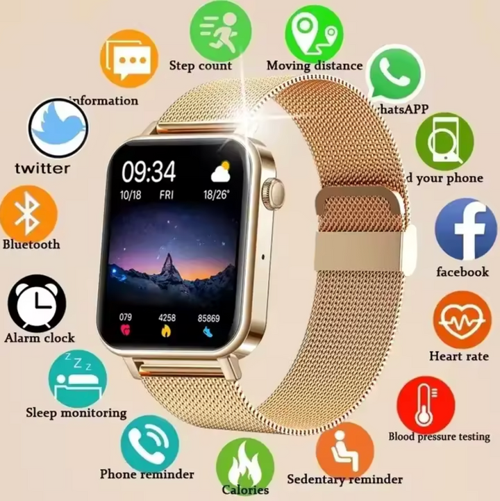 Elegant women's smartwatch for health & fitness tracking, featuring a sleek design and smart features.