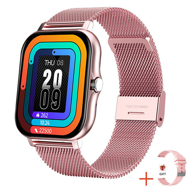 Pink women's fitness smartwatch, elegant design with health tracking, smart alerts & durable strap.