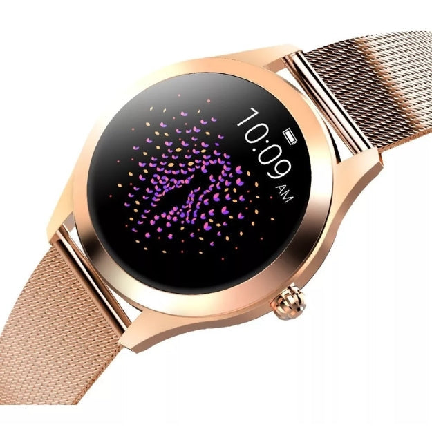 Rose gold elegant women's smartwatch with health tracking, fitness monitoring & smart notifications. Stylish wearable tech.