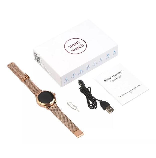 Steel silver elegant women's smartwatch for health tracking, activity monitoring & smart notifications. Chic fitness watch.