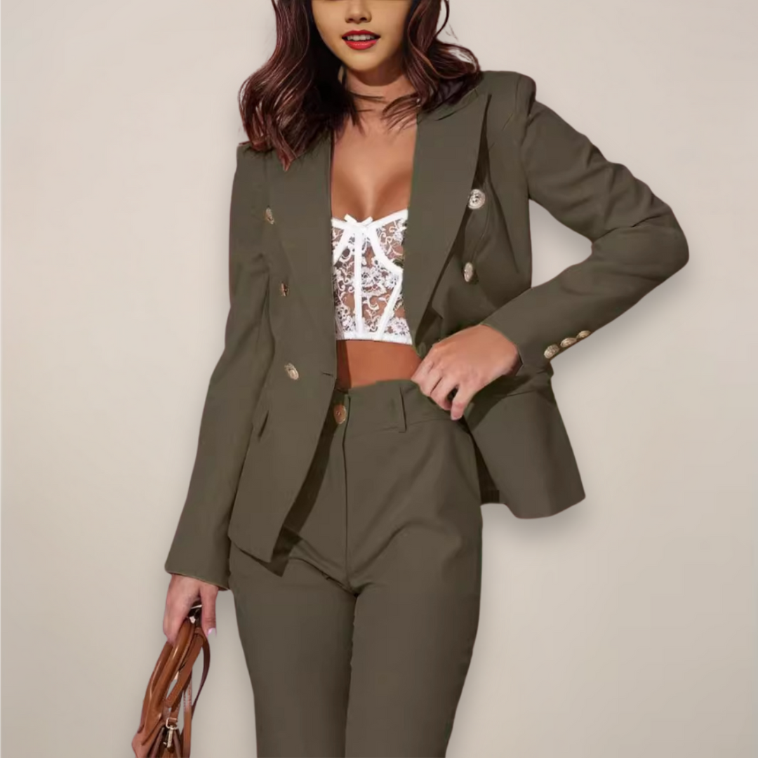 Elegant women's spring tailored suit set in light pink, full view, ideal for business casual & professional wear.