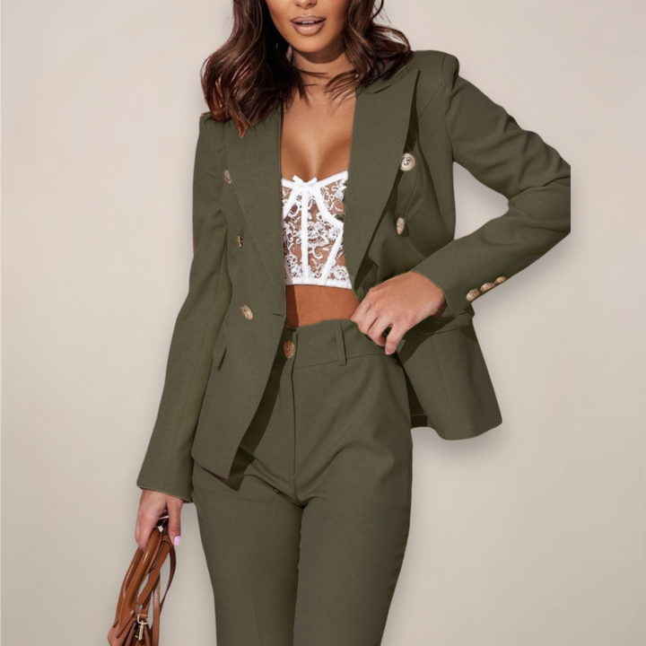 Detailed shot of the blazer's lapel and collar on a women's tailored spring suit set, emphasizing craftsmanship.