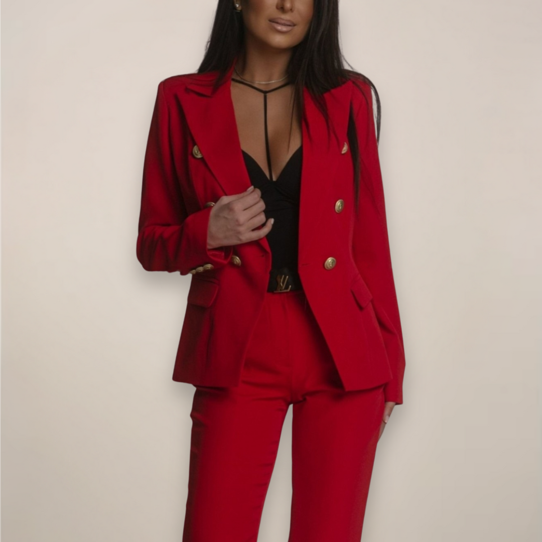Flat lay of a women's spring tailored suit set, including blazer & trousers, highlighting the co-ord fashion.