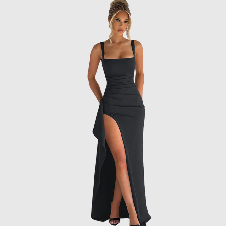 Homecoming elegant gown: women's square neck, maxi length, and alluring thigh slit detail.