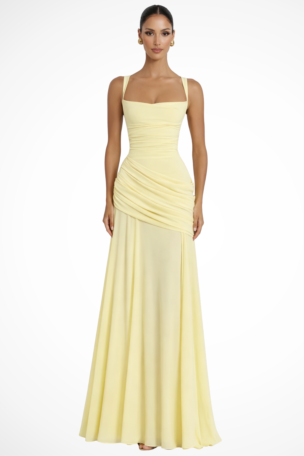Elegant women's square neck ruched A-line maxi dress, perfect for a wedding guest or formal occasion.