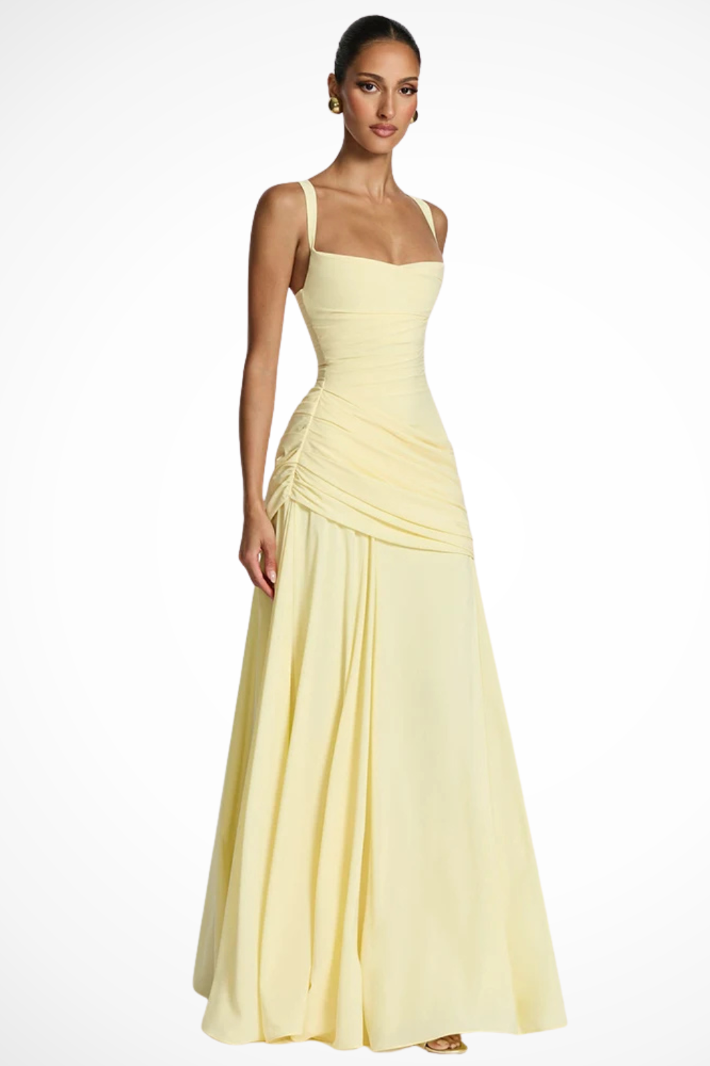 Women's elegant A-line maxi dress featuring a chic square neckline & flattering ruched bodice, perfect for formal events.