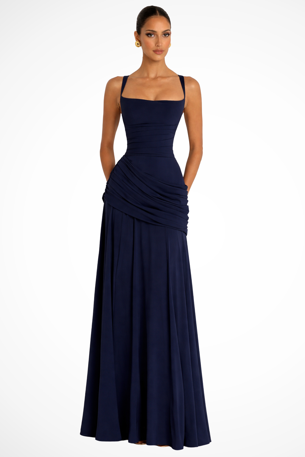 Formal women's square neck A-line maxi dress, featuring ruched detailing, ideal as a wedding guest dress or evening gown.