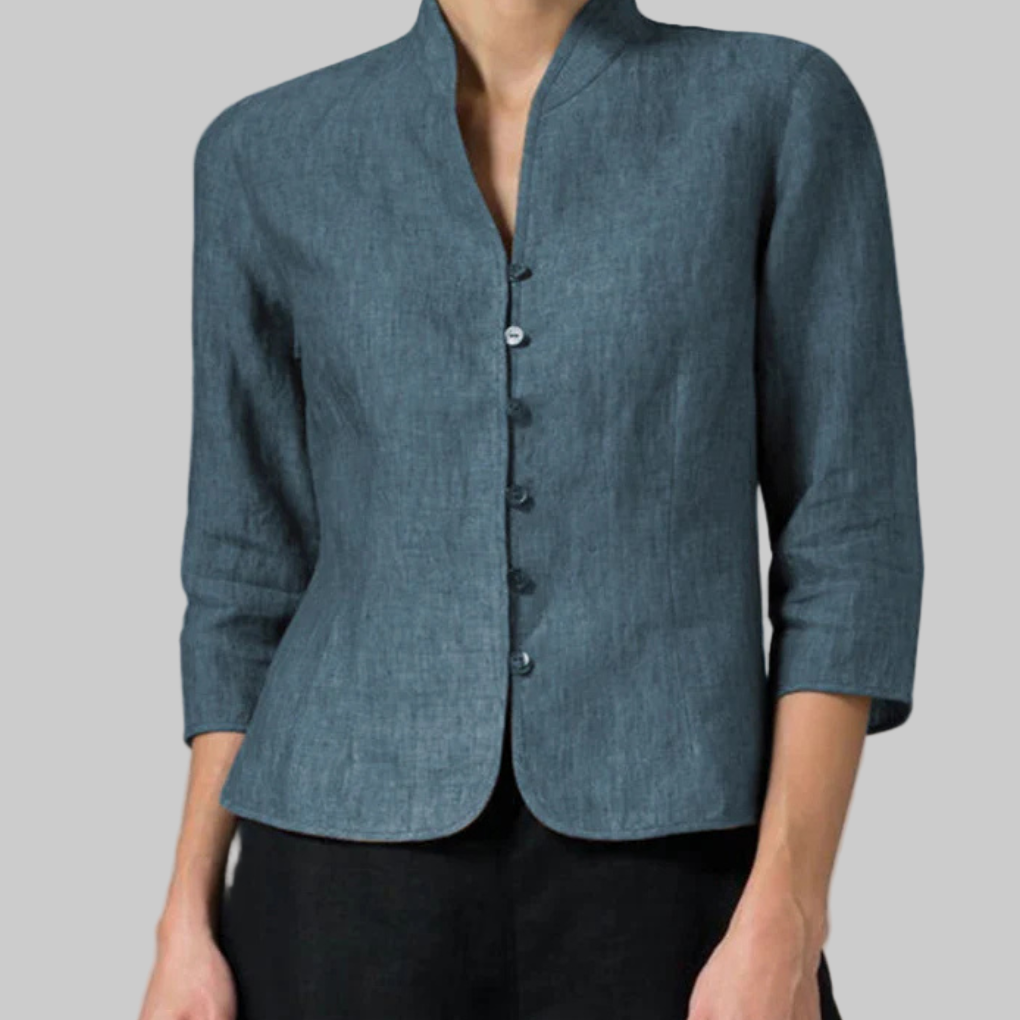 Stylish women's fashion blouse with elegant stand collar & three-quarter sleeves, a perfect professional office top.