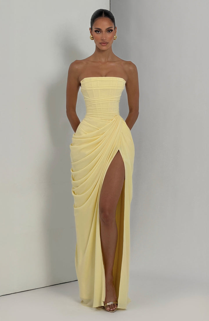 Women's long party dress, strapless style with a detailed corset top and a smooth, elegant column skirt.