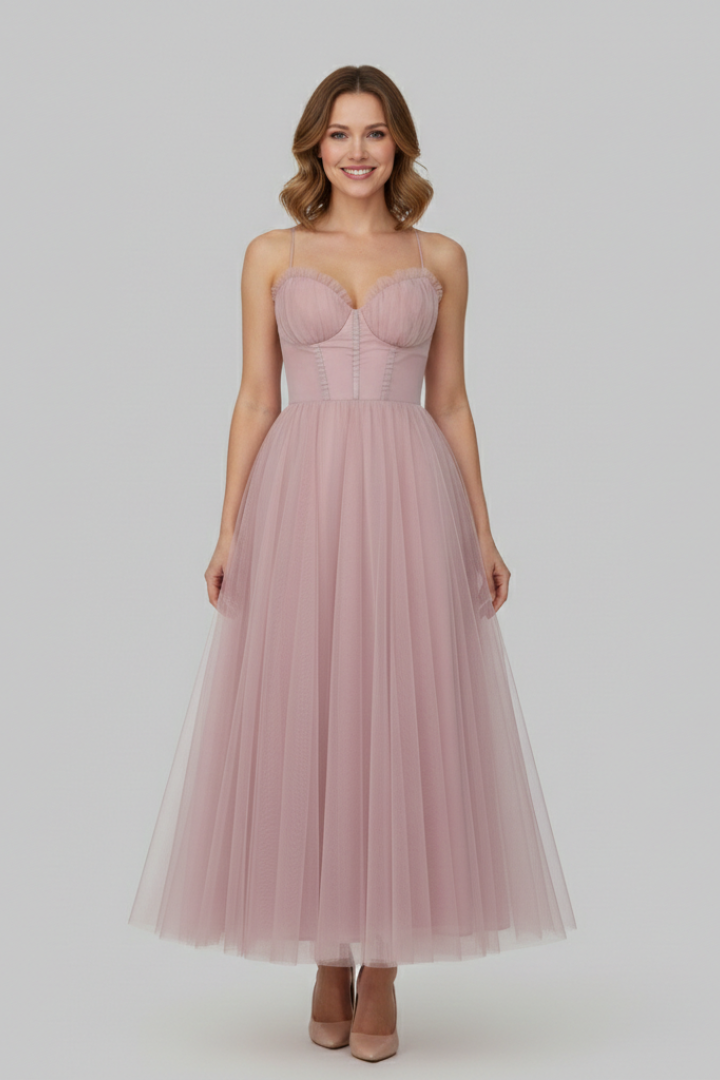 Chic strapless midi dress featuring an elegant layered skirt, ideal for formal events & parties.