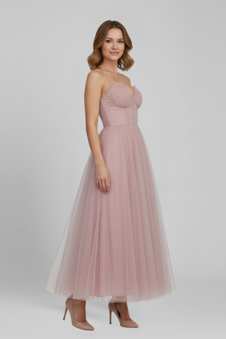 Sophisticated strapless midi party dress for women, with an elegant layered design for formal events.