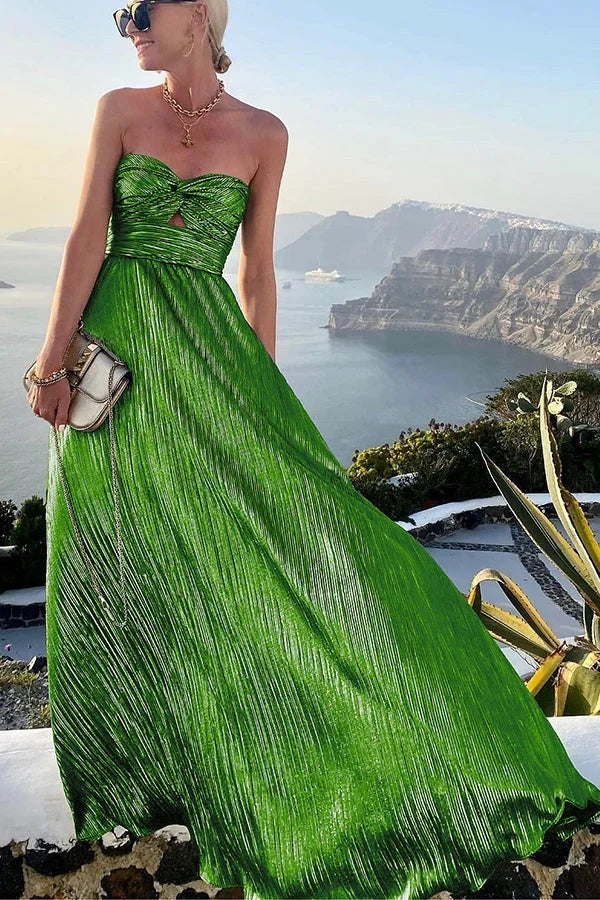 Versatile strapless pleated maxi formal dress, suitable for parties, weddings, and special events.