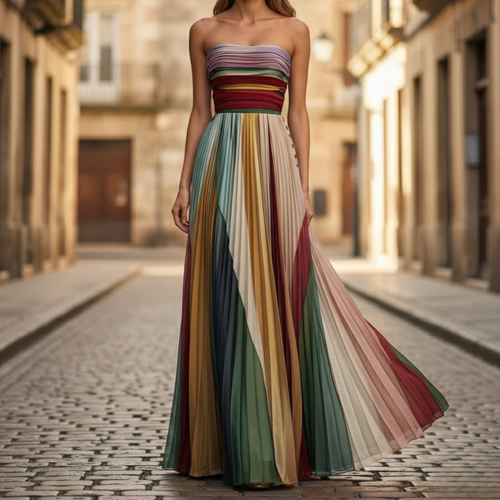 Elegant women's strapless pleated summer dress, ideal for parties & wedding guests. Flowy & stylish.