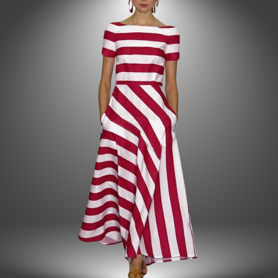 Elegant women's striped asymmetrical midi dress with a boat neck and short sleeves, perfect for summer casual style.