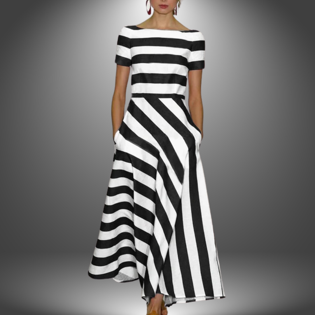 Versatile women's striped asymmetrical midi dress. Stylish boat neck, short sleeves & flowy hem for effortless summer wear.
