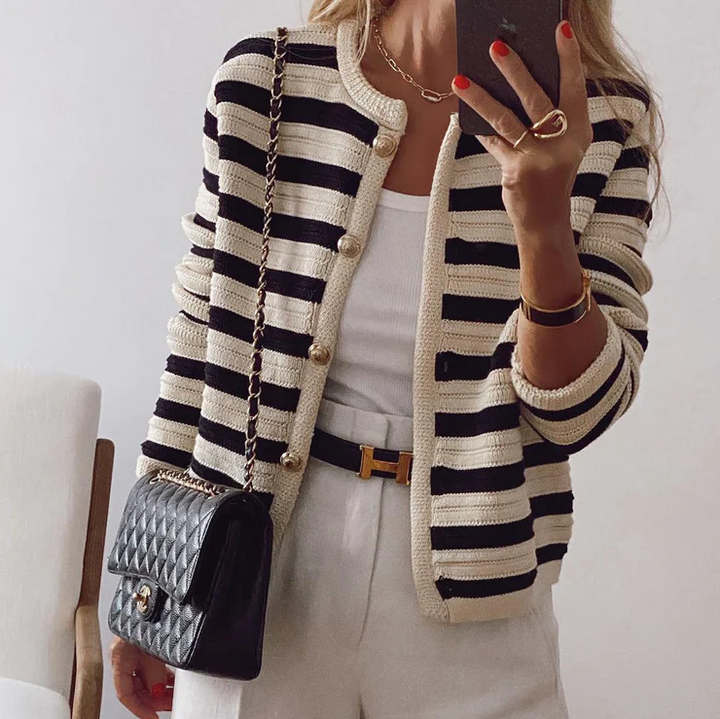 Elegant women's striped button-front knit cardigan, perfect for versatile fall fashion and outerwear.