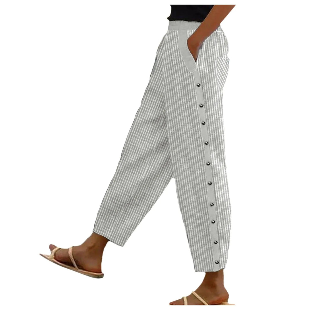 Elegant women's striped high-waist trousers with chic decorative buttons. Versatile for spring/summer fashion.