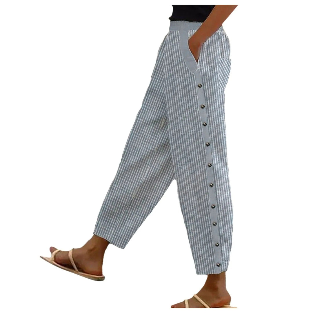 Chic women's high-waist striped trousers, versatile for workwear, spring fashion, or elegant casual outfits.