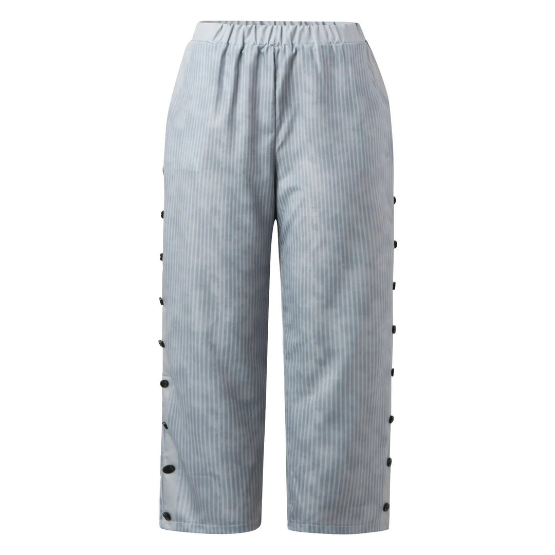 Versatile women's striped high-waist trousers with decorative buttons. Perfect for chic casual or workwear style.