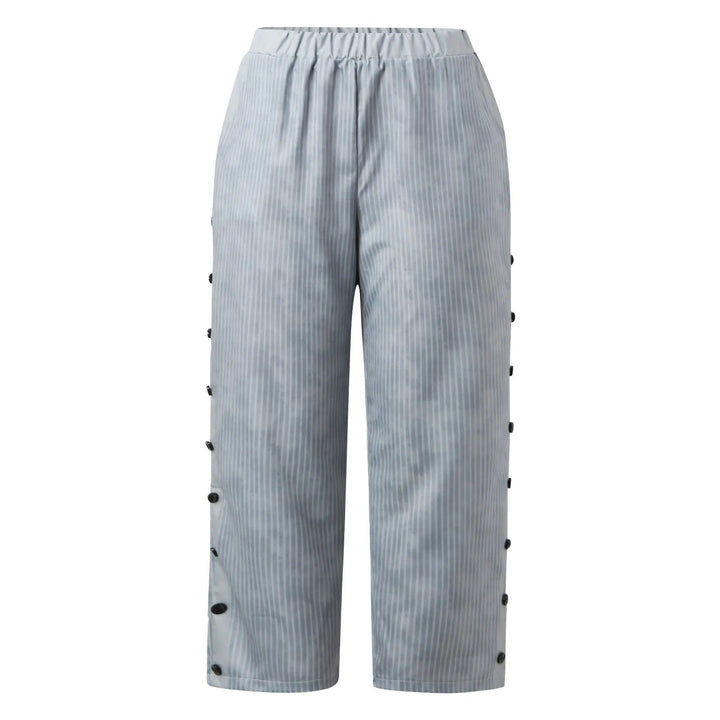 Versatile women's striped high-waist trousers with decorative buttons. Perfect for chic casual or workwear style.
