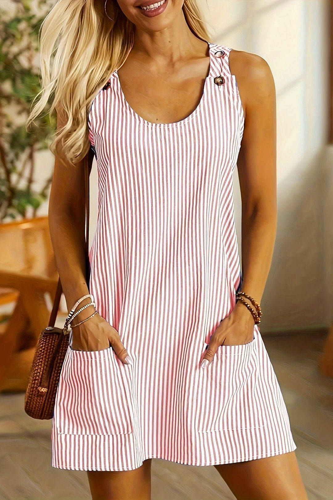 Flattering fit women's striped mini dress. Elegant and casual design, perfect for spring & summer day wear.