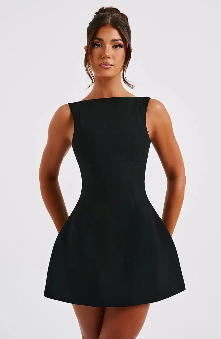 Elegant women's structured boat neck fit & flare mini dress, perfect for cocktail parties or summer evenings.