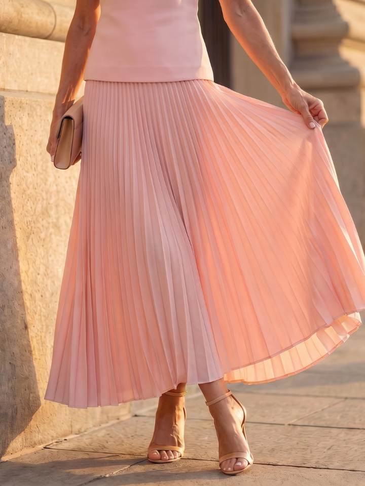 Women's summer dressy pleated maxi skirt & structured sleeveless top coordinated set.